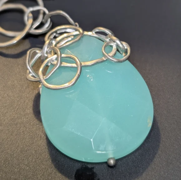 Lia Sophia Aqua Glass Pendant Necklace Silver Statement Coastal Quiet Luxury - Picture 5 of 9